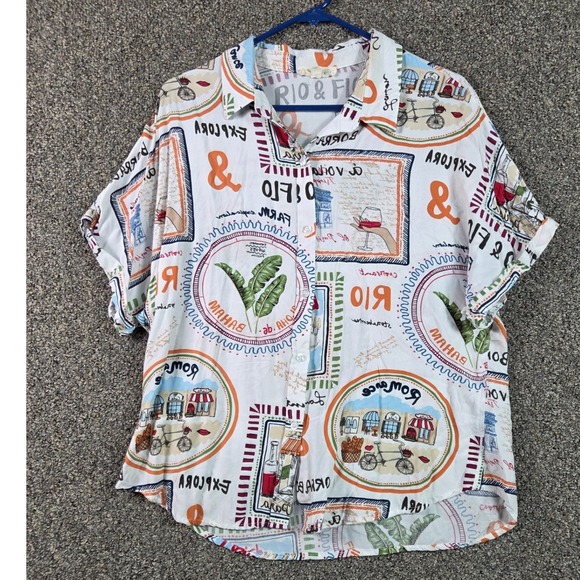 Sunburst Kiss Tops - Sunburst Kiss Button Down Womens Large White Travel Novelty Print Rayon Shirt
